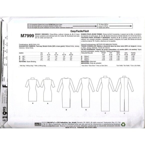 McCall's M7999 Misses XS to XL Pullover Bodycon Dresses Uncut Sewing Pattern - Picture 2 of 2